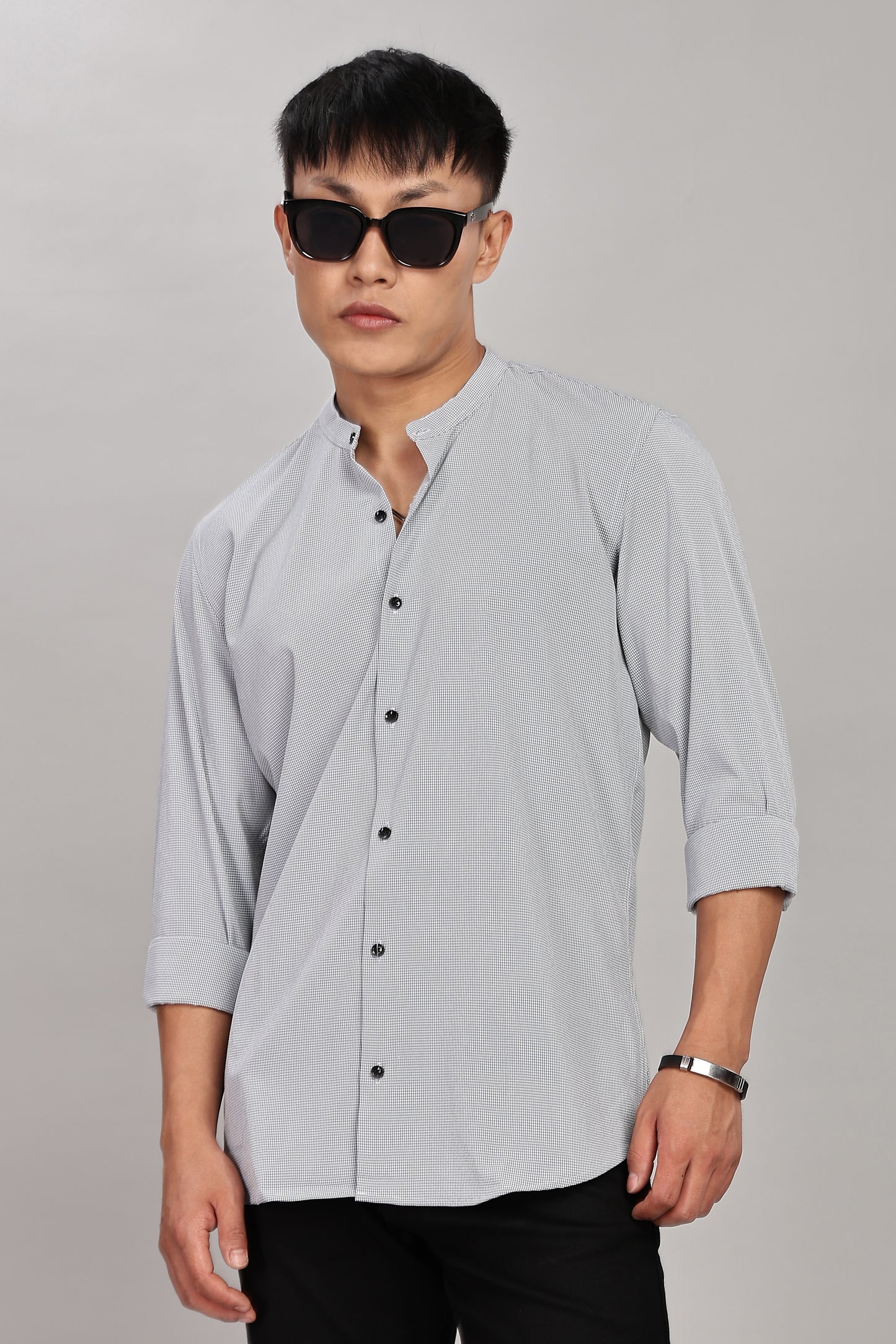 Men's Casual Mandarin Collar Shirt(Grey) – Premium Cotton Blend