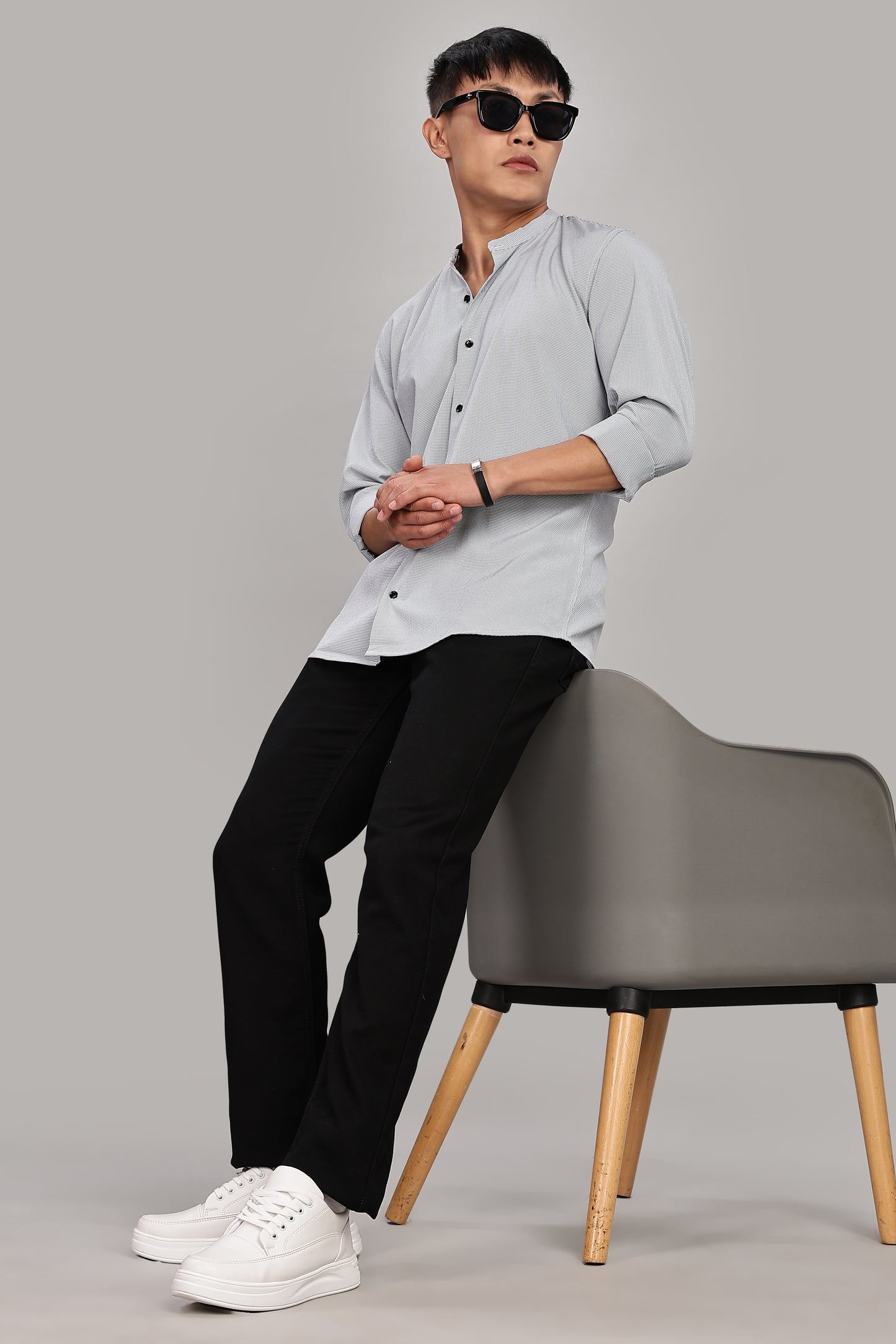 Men's Casual Mandarin Collar Shirt(Grey) – Premium Cotton Blend