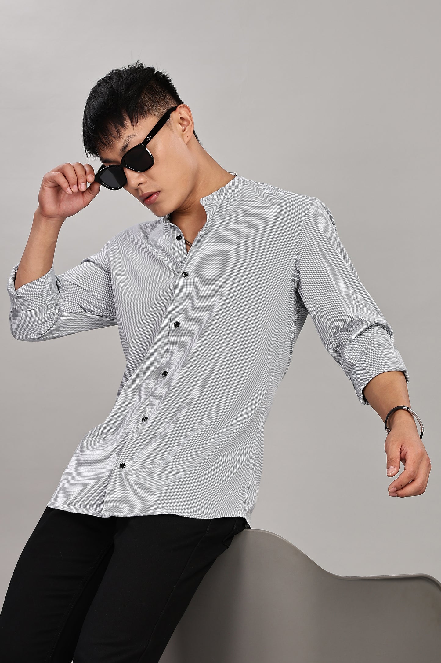 Men's Casual Mandarin Collar Shirt(Grey) – Premium Cotton Blend