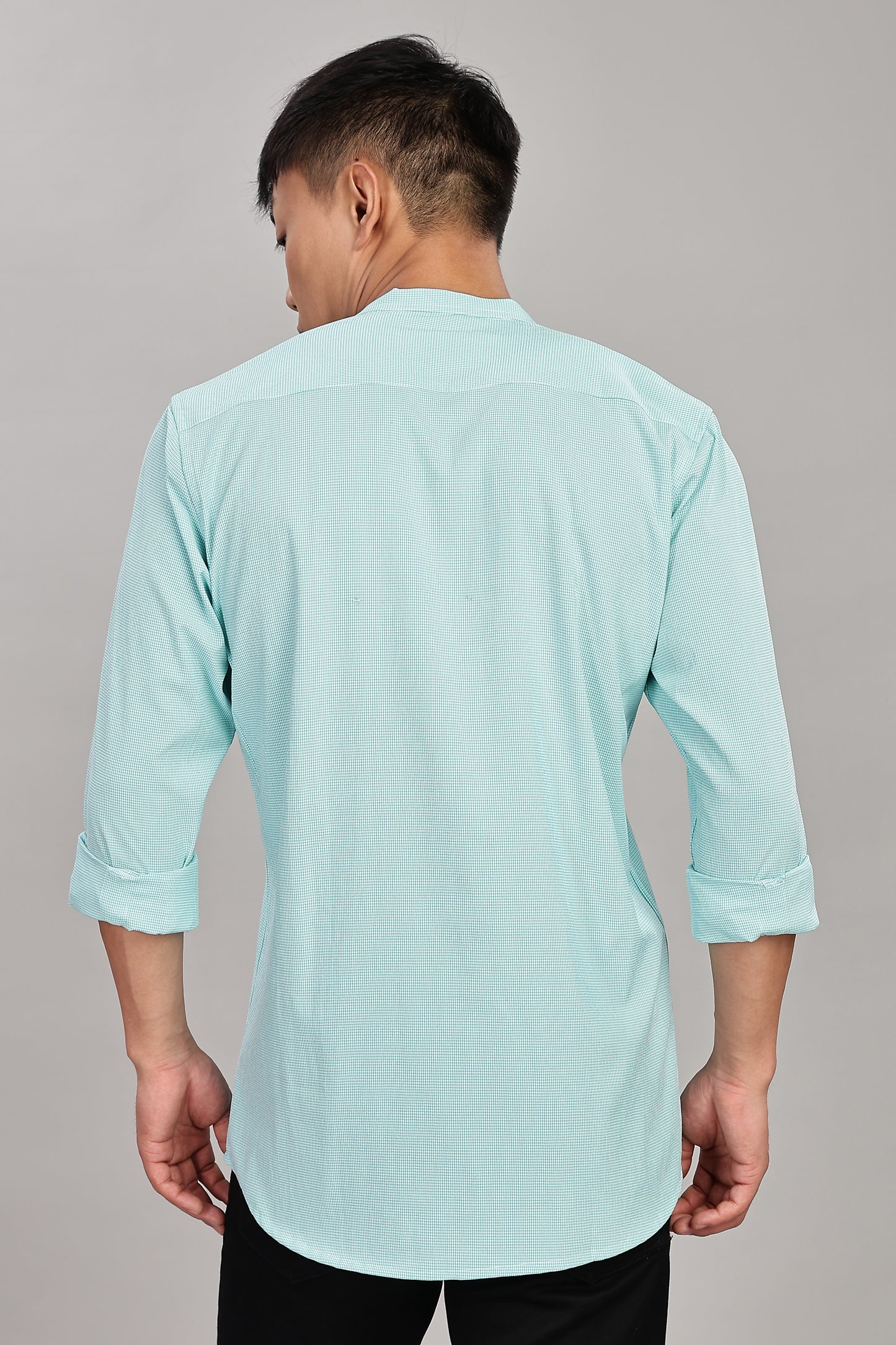 Men's Casual Mandarin Collar Shirt(Misty Aqua) – Premium Cotton Blend