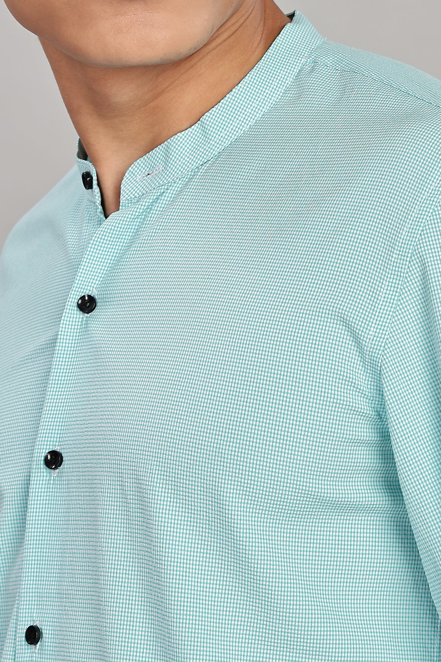 Men's Casual Mandarin Collar Shirt(Misty Aqua) – Premium Cotton Blend