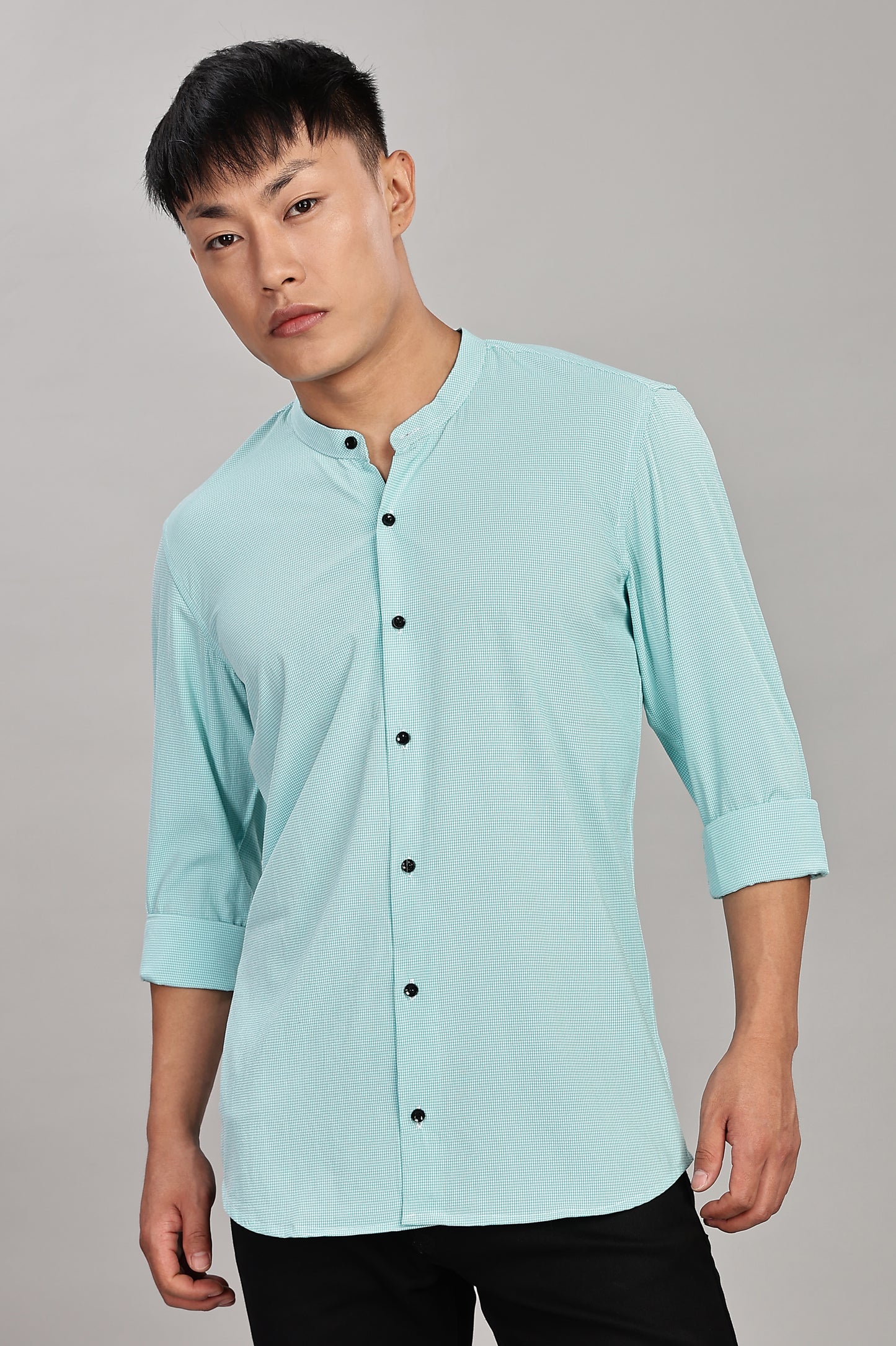 Men's Casual Mandarin Collar Shirt(Misty Aqua) – Premium Cotton Blend