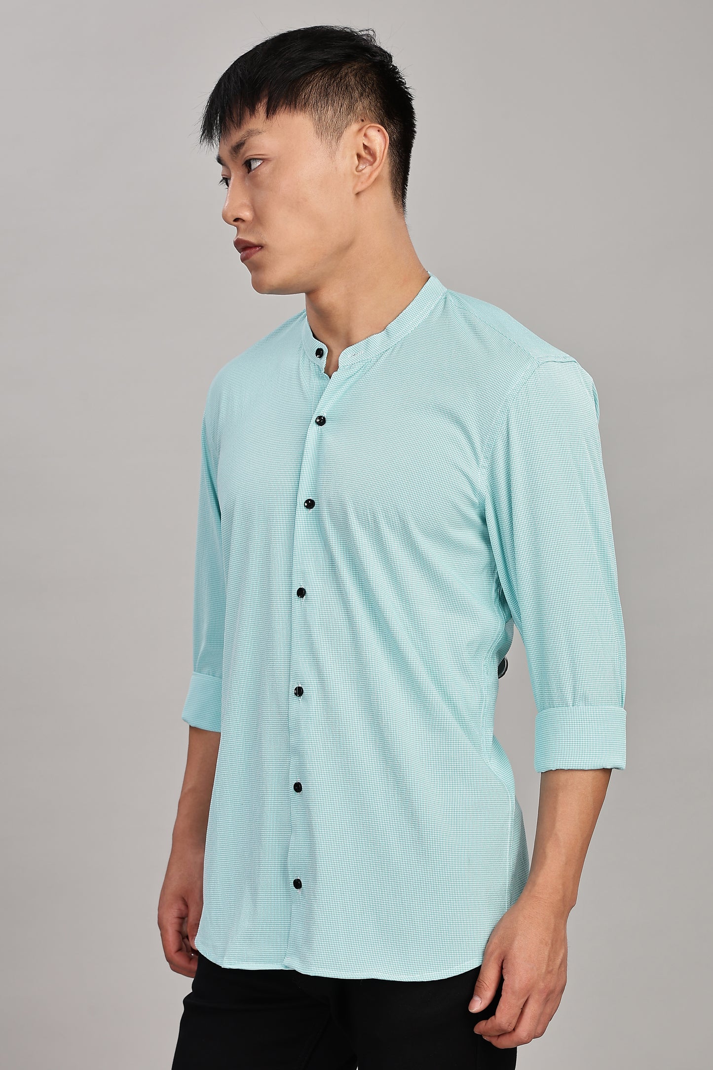 Men's Casual Mandarin Collar Shirt(Misty Aqua) – Premium Cotton Blend