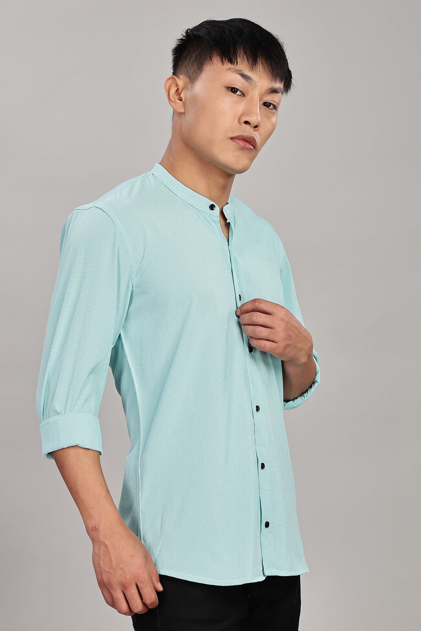 Men's Casual Mandarin Collar Shirt(Misty Aqua) – Premium Cotton Blend