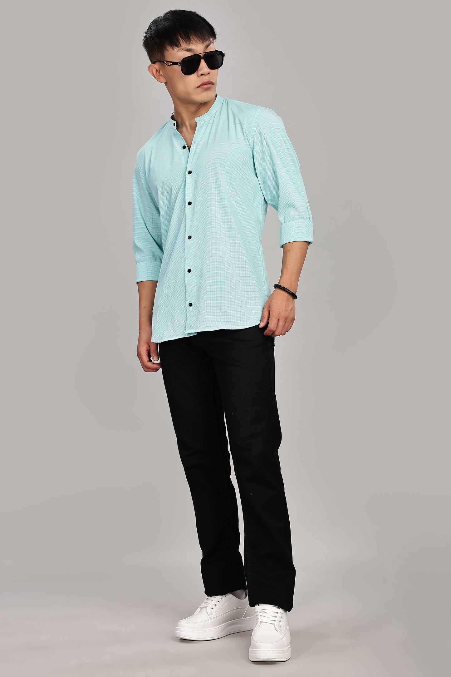 Men's Casual Mandarin Collar Shirt(Misty Aqua) – Premium Cotton Blend