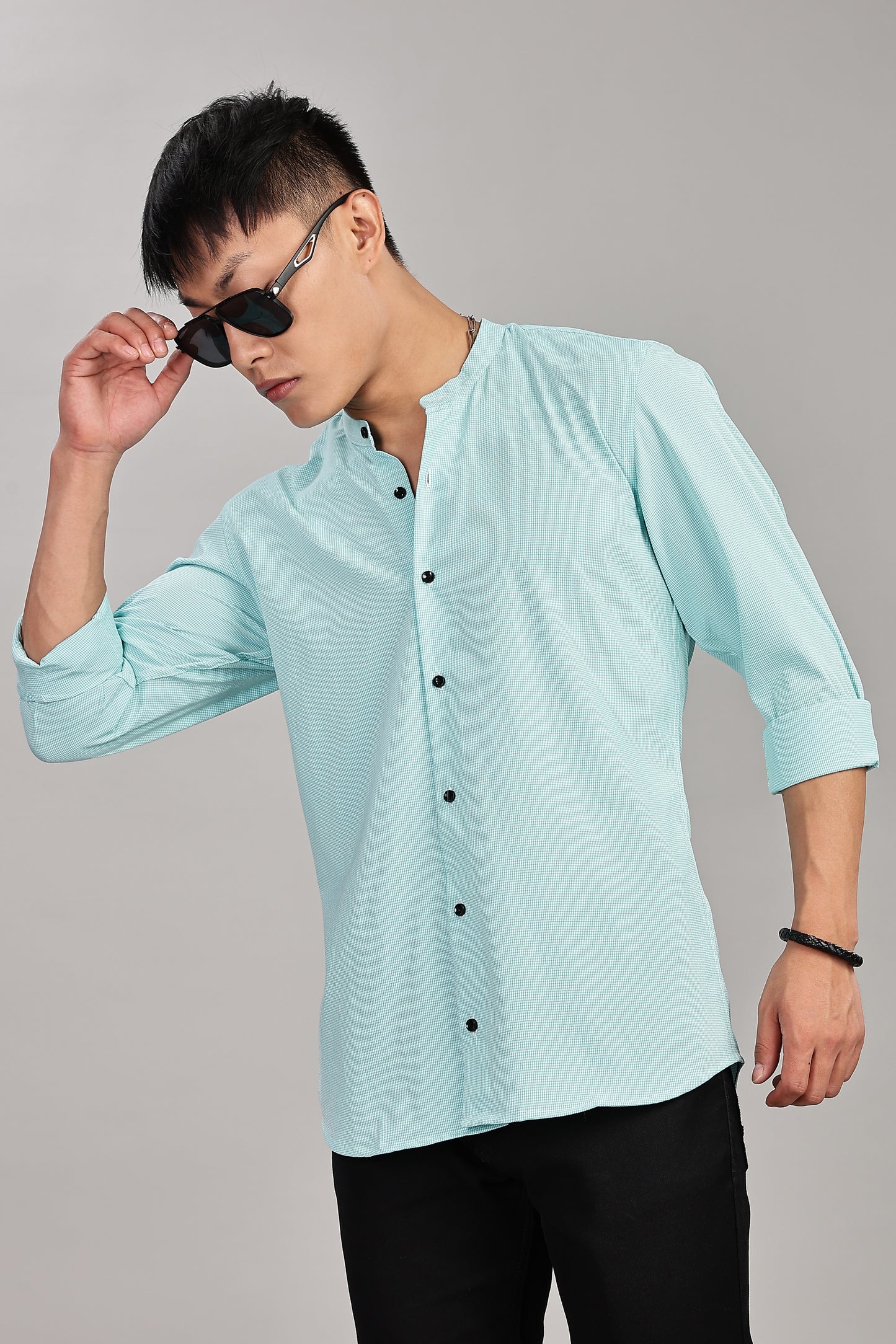 Men's Casual Mandarin Collar Shirt(Misty Aqua) – Premium Cotton Blend