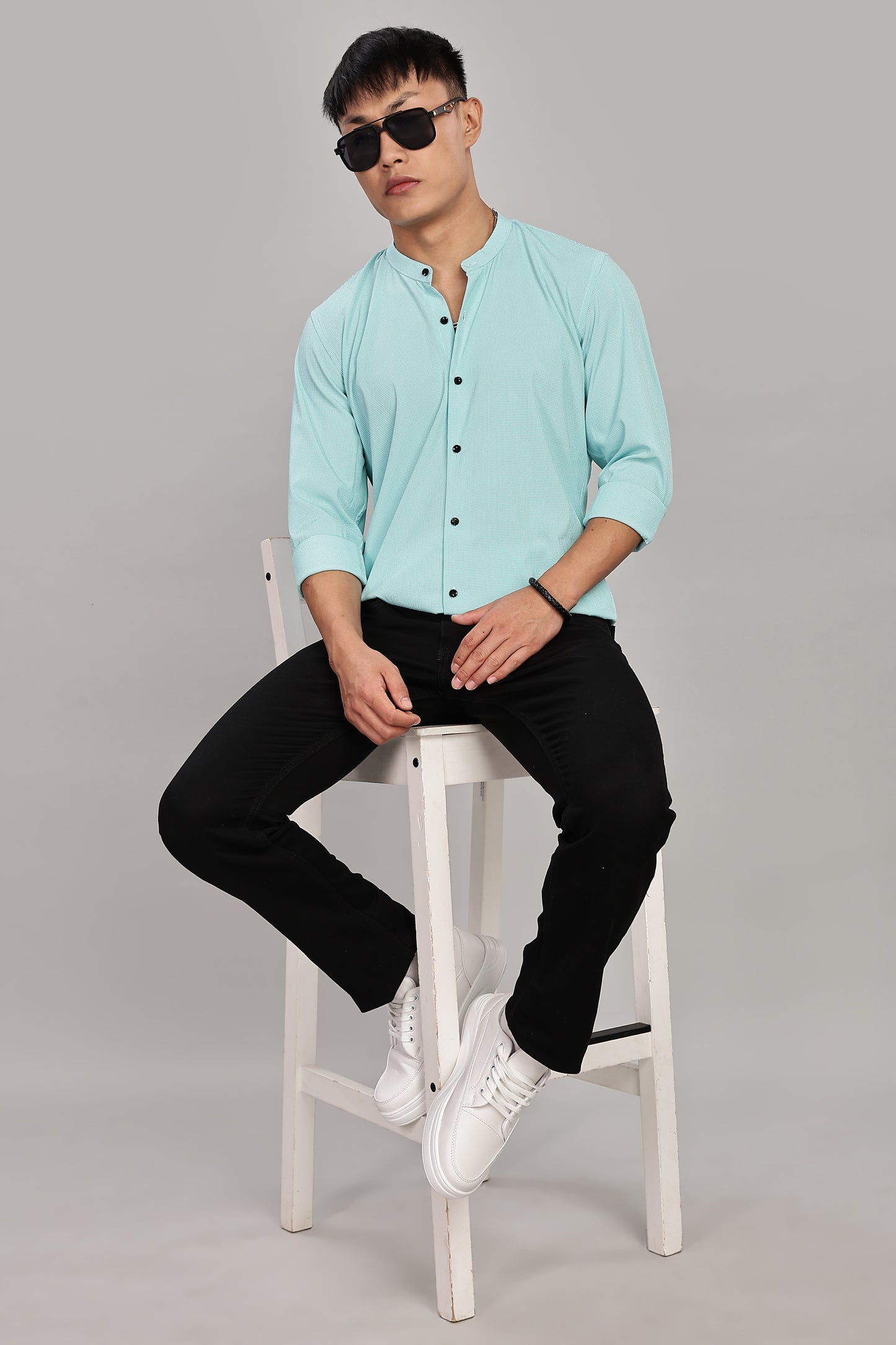 Men's Casual Mandarin Collar Shirt(Misty Aqua) – Premium Cotton Blend