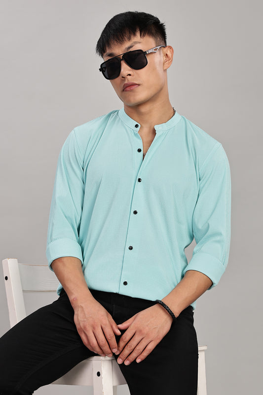Men's Casual Mandarin Collar Shirt(Misty Aqua) – Premium Cotton Blend