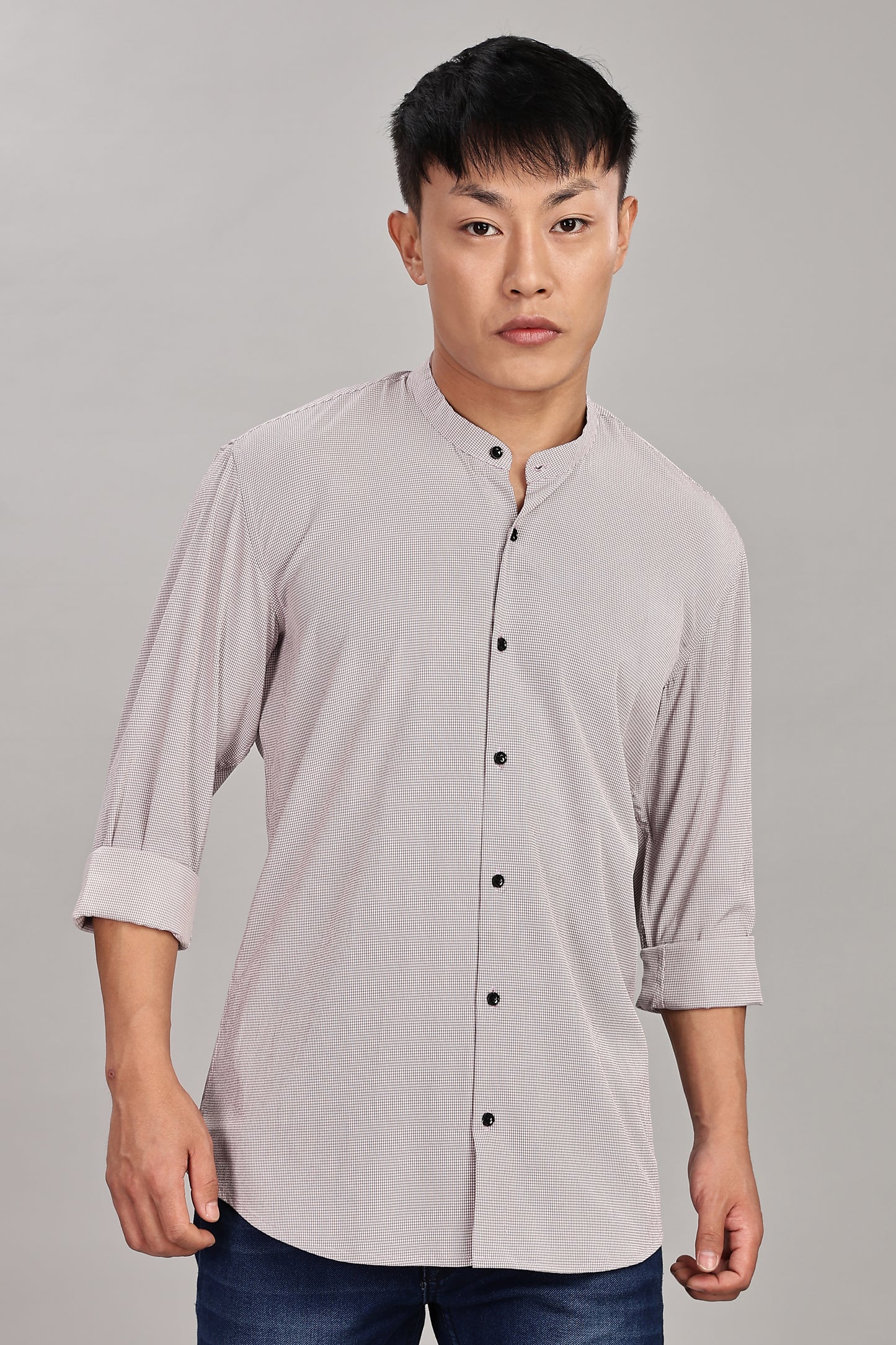 Men's Casual Mandarin Collar Shirt(Smoky Rose) – Premium Cotton Blend