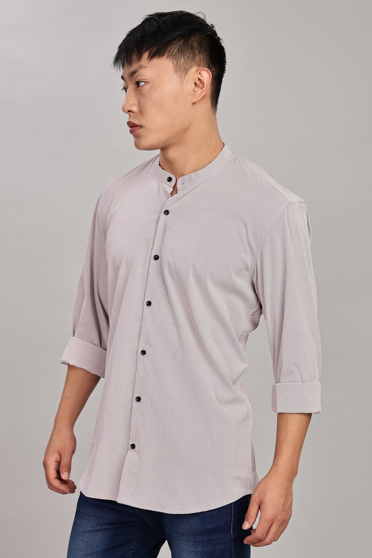 Men's Casual Mandarin Collar Shirt(Smoky Rose) – Premium Cotton Blend