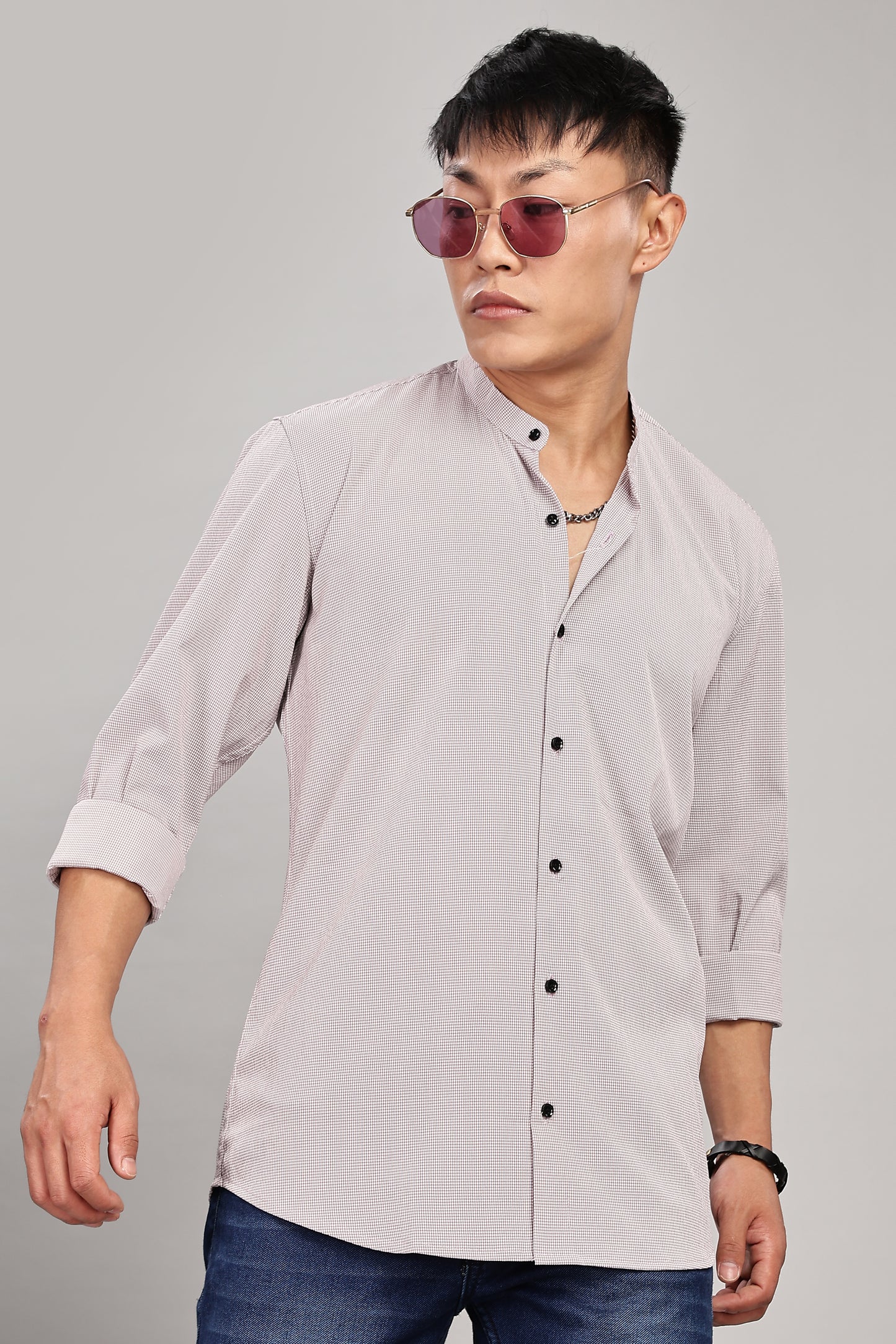 Men's Casual Mandarin Collar Shirt(Smoky Rose) – Premium Cotton Blend