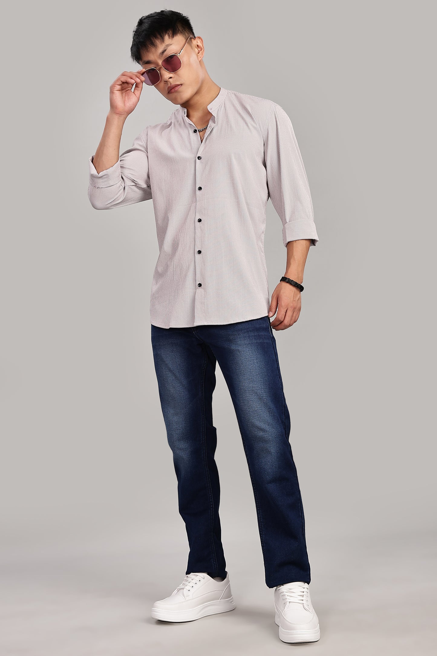 Men's Casual Mandarin Collar Shirt(Smoky Rose) – Premium Cotton Blend