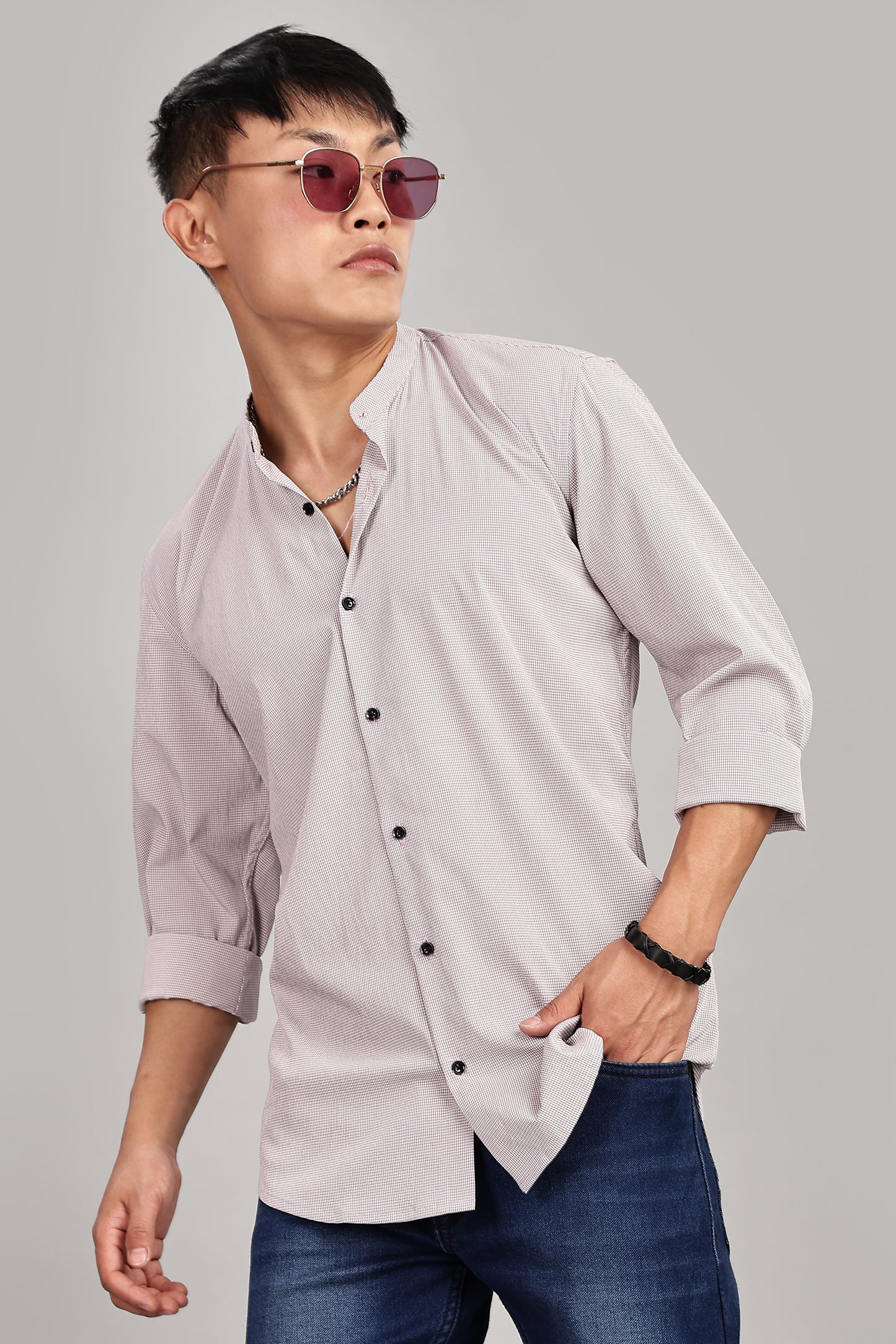 Men's Casual Mandarin Collar Shirt(Smoky Rose) – Premium Cotton Blend