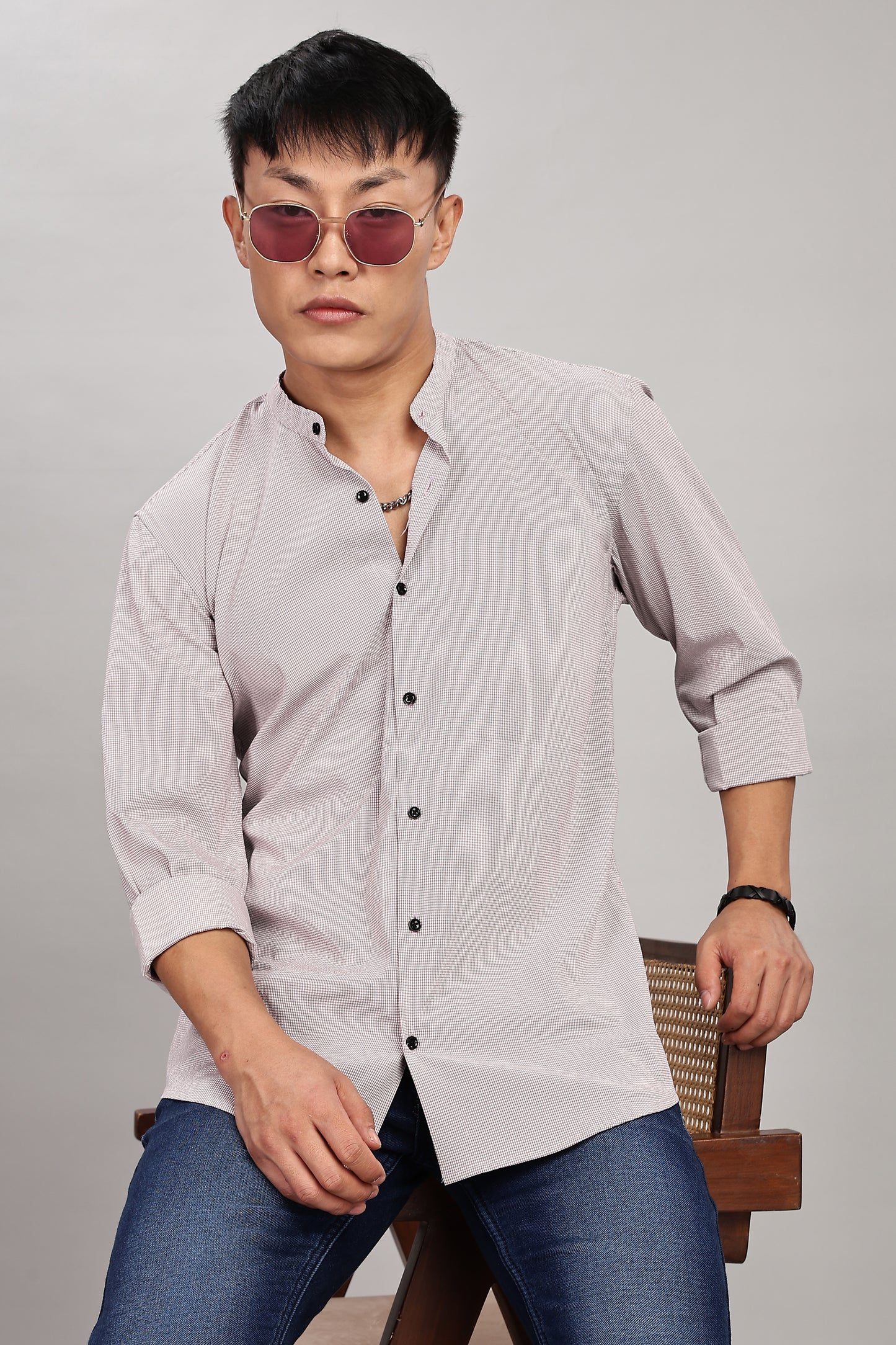 Men's Casual Mandarin Collar Shirt(Smoky Rose) – Premium Cotton Blend