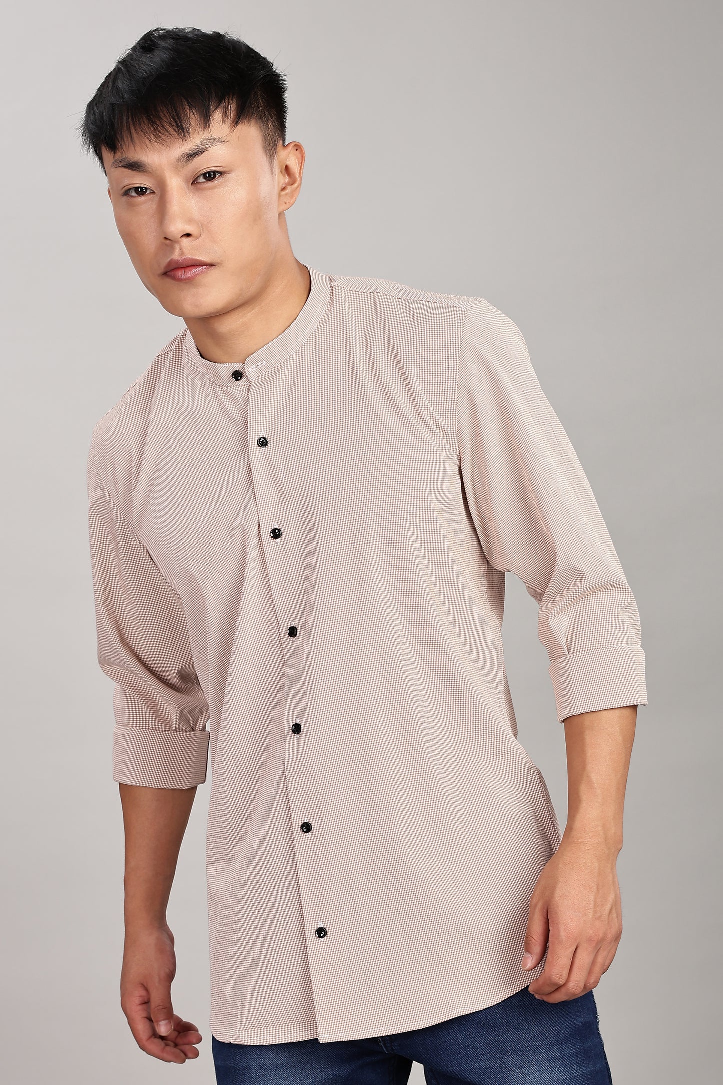 Men's Casual Mandarin Collar Shirt(ORANGE) – Premium Cotton Blend