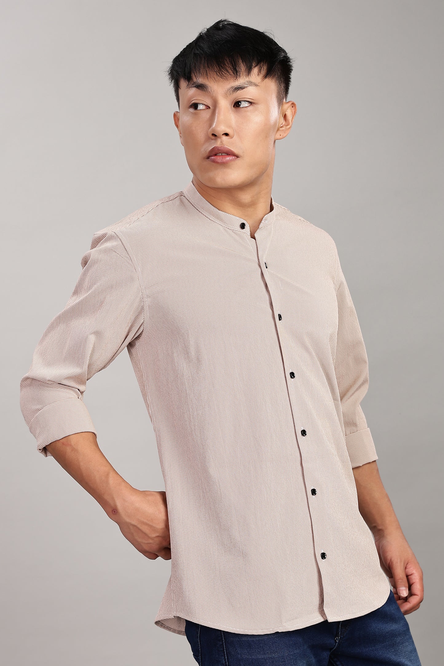 Men's Casual Mandarin Collar Shirt(ORANGE) – Premium Cotton Blend