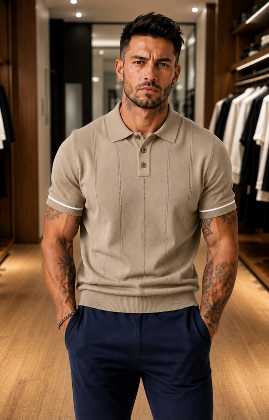 Men's Beige Textured Knitted Polo T-Shirt