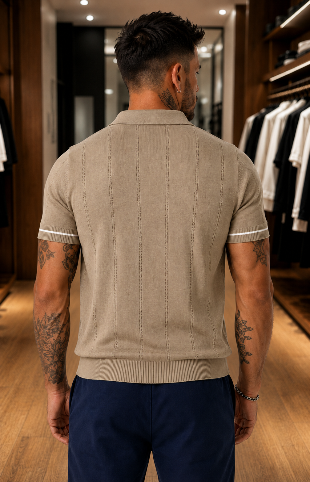 Men's Beige Textured Knitted Polo T-Shirt