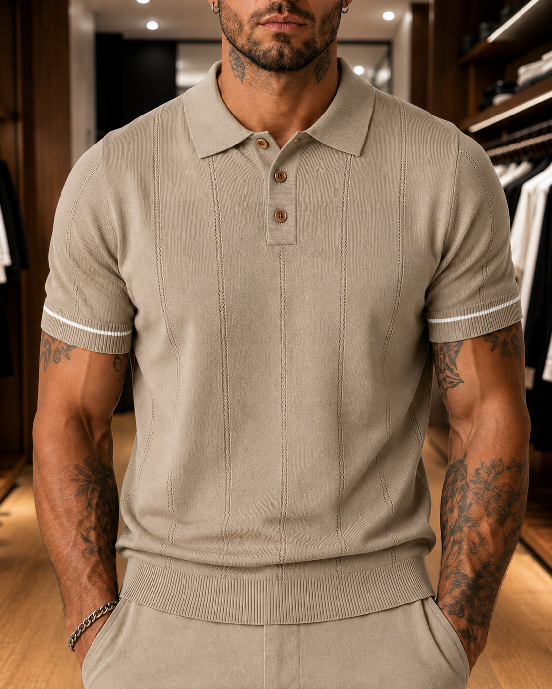 Men's Beige Textured Knitted Polo T-Shirt