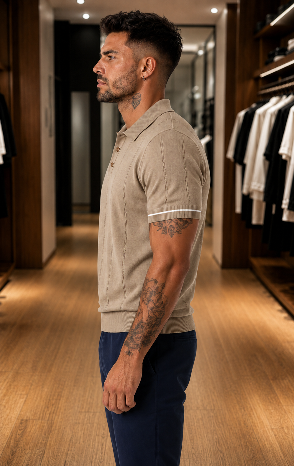 Men's Beige Textured Knitted Polo T-Shirt