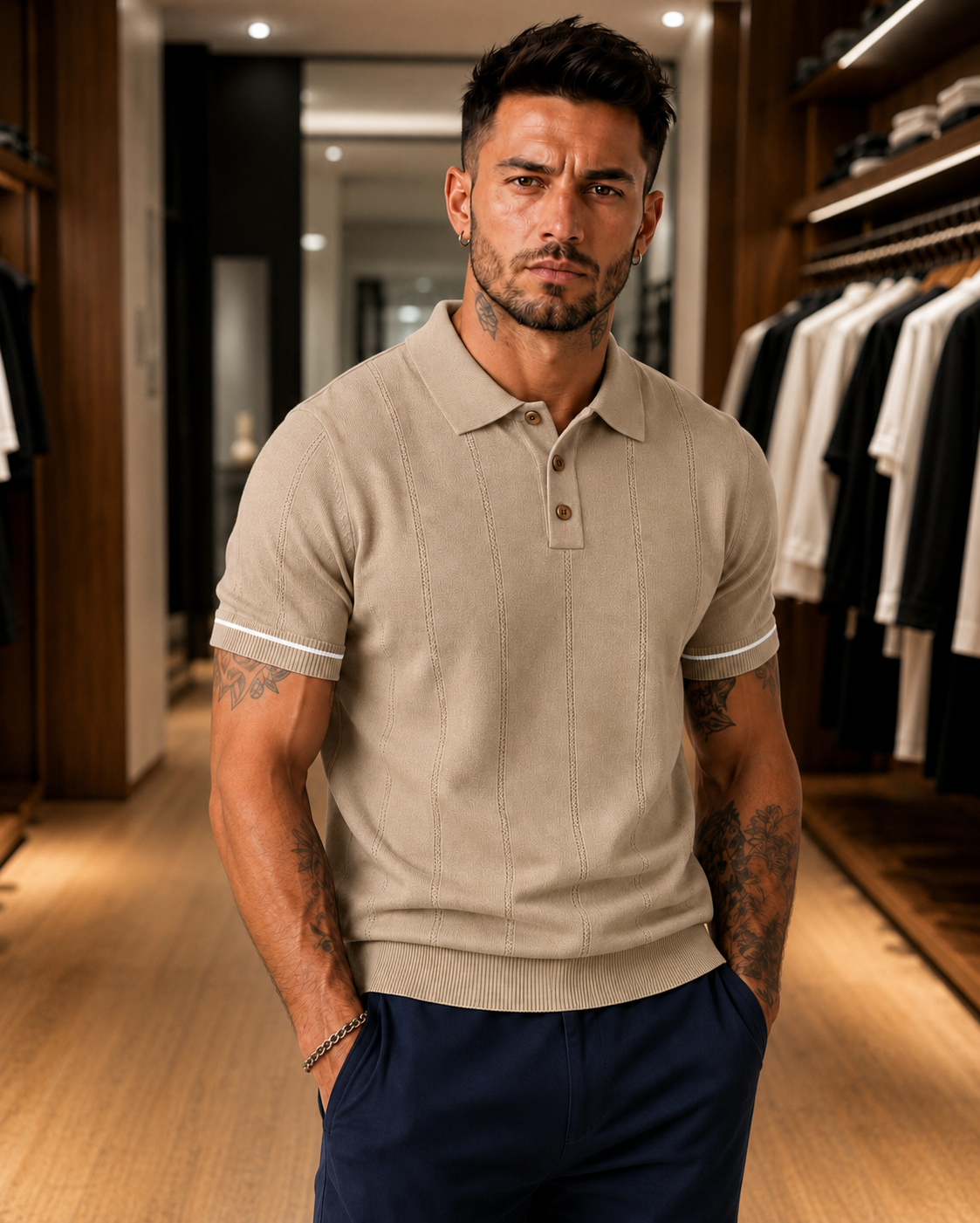 Men's Beige Textured Knitted Polo T-Shirt