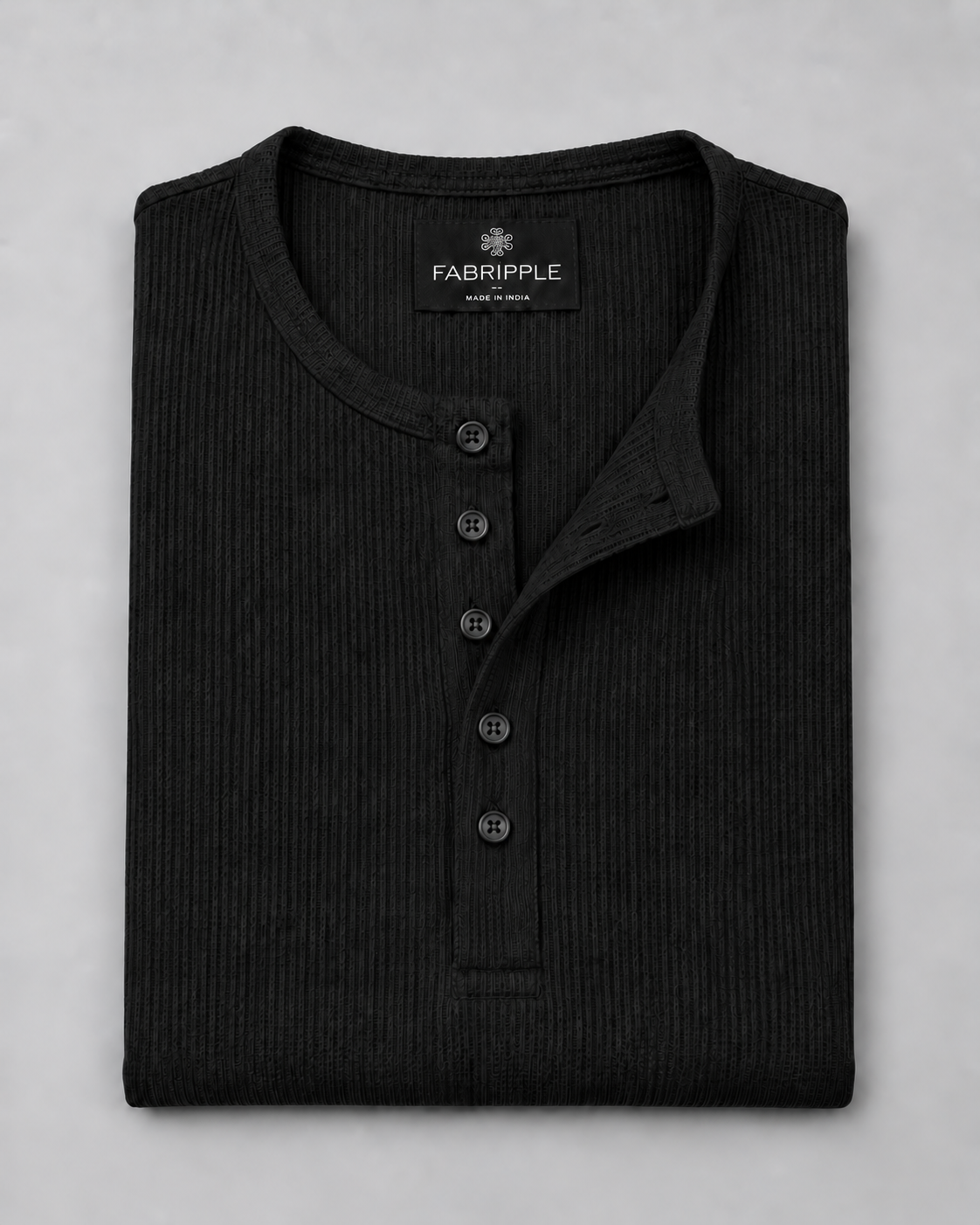 Men’s Textured Henley Full Sleeve Black T-Shirt
