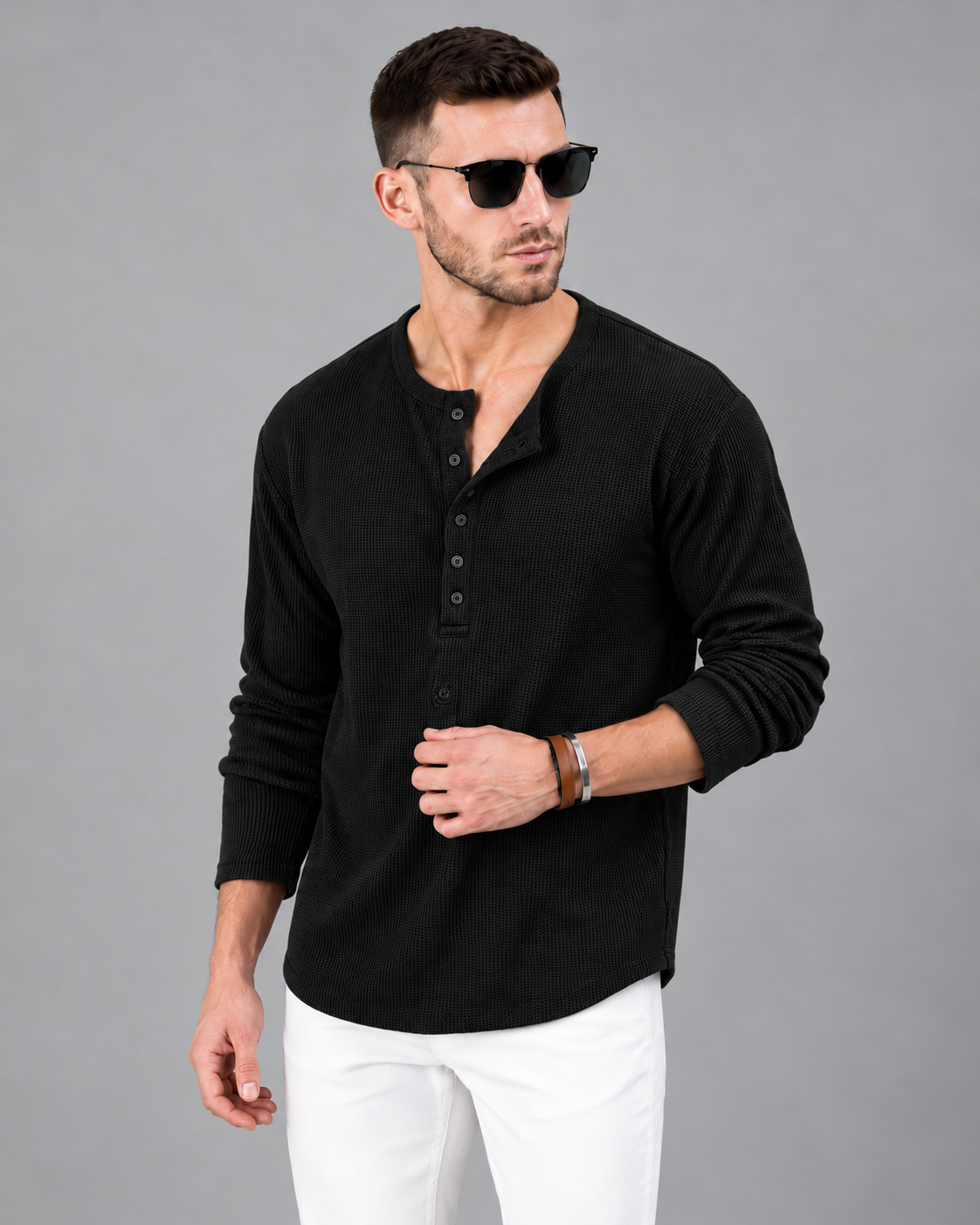 Men’s Textured Henley Full Sleeve Black T-Shirt