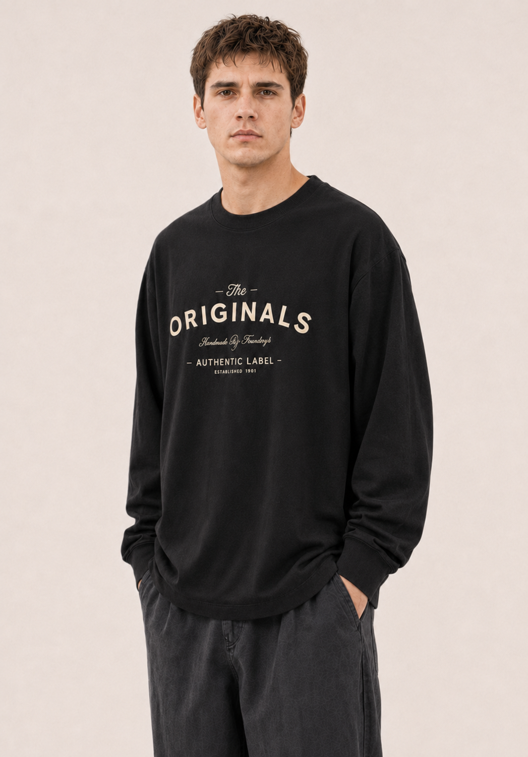 Men's Black Printed Oversized Full Sleeve T-Shirt