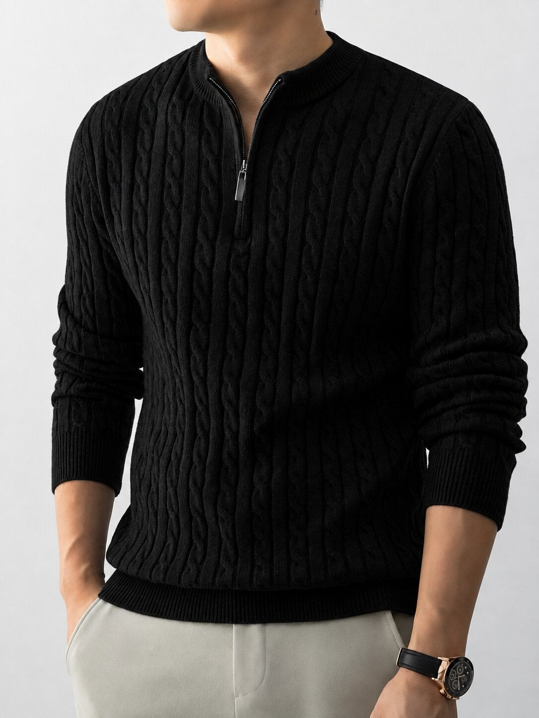 Men’s Black Cable Knit Half Zip Sweater