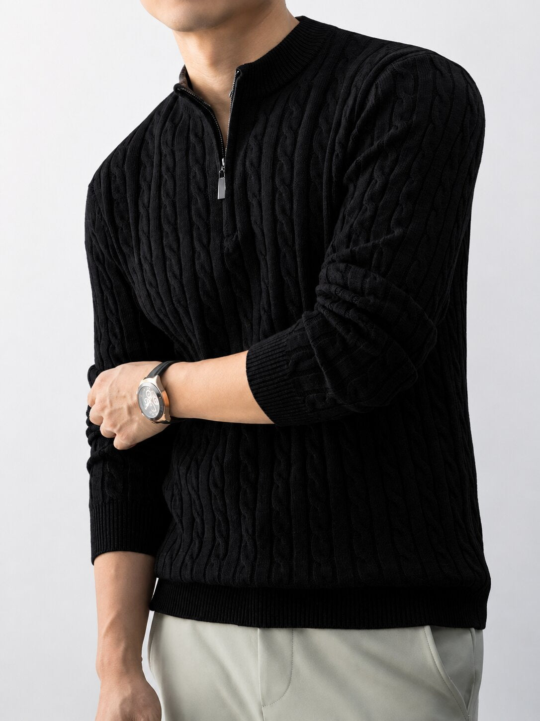 Men’s Black Cable Knit Half Zip Sweater