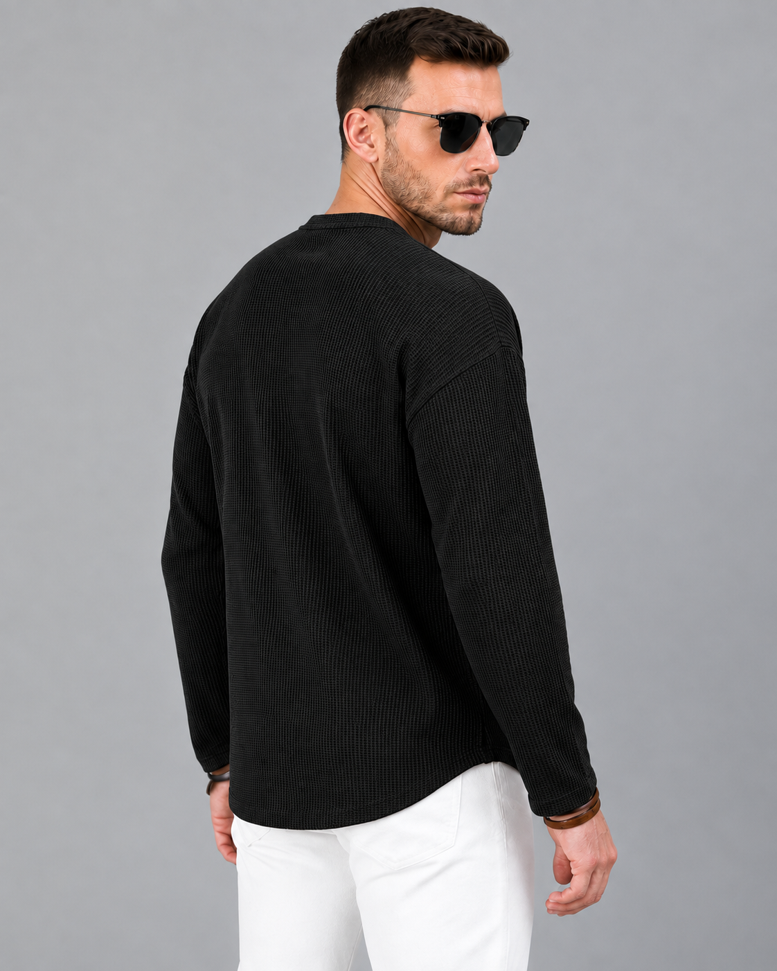 Men’s Textured Henley Full Sleeve Black T-Shirt