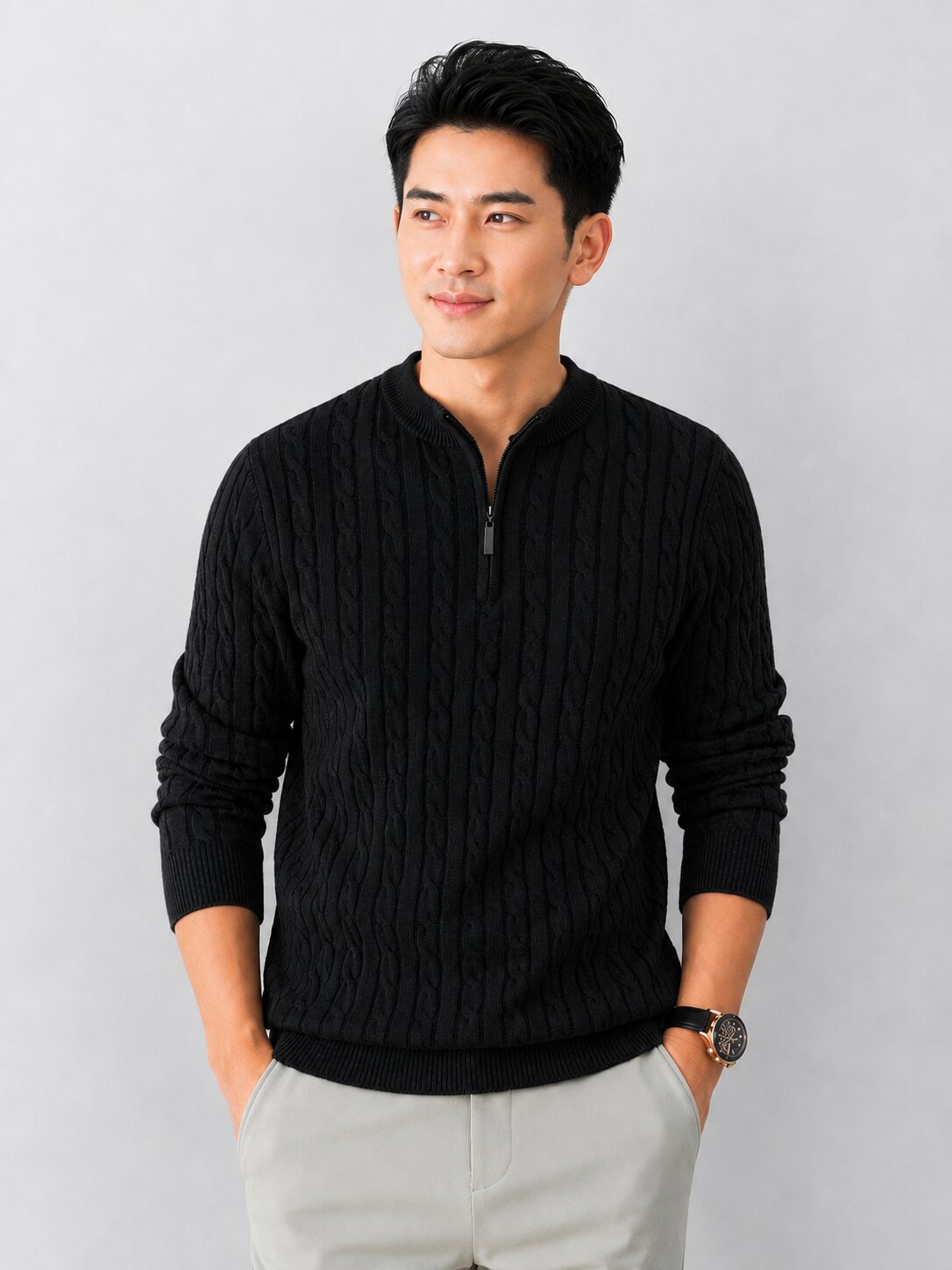 Men’s Black Cable Knit Half Zip Sweater