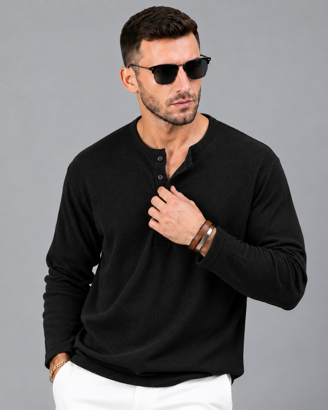 Men’s Textured Henley Full Sleeve Black T-Shirt