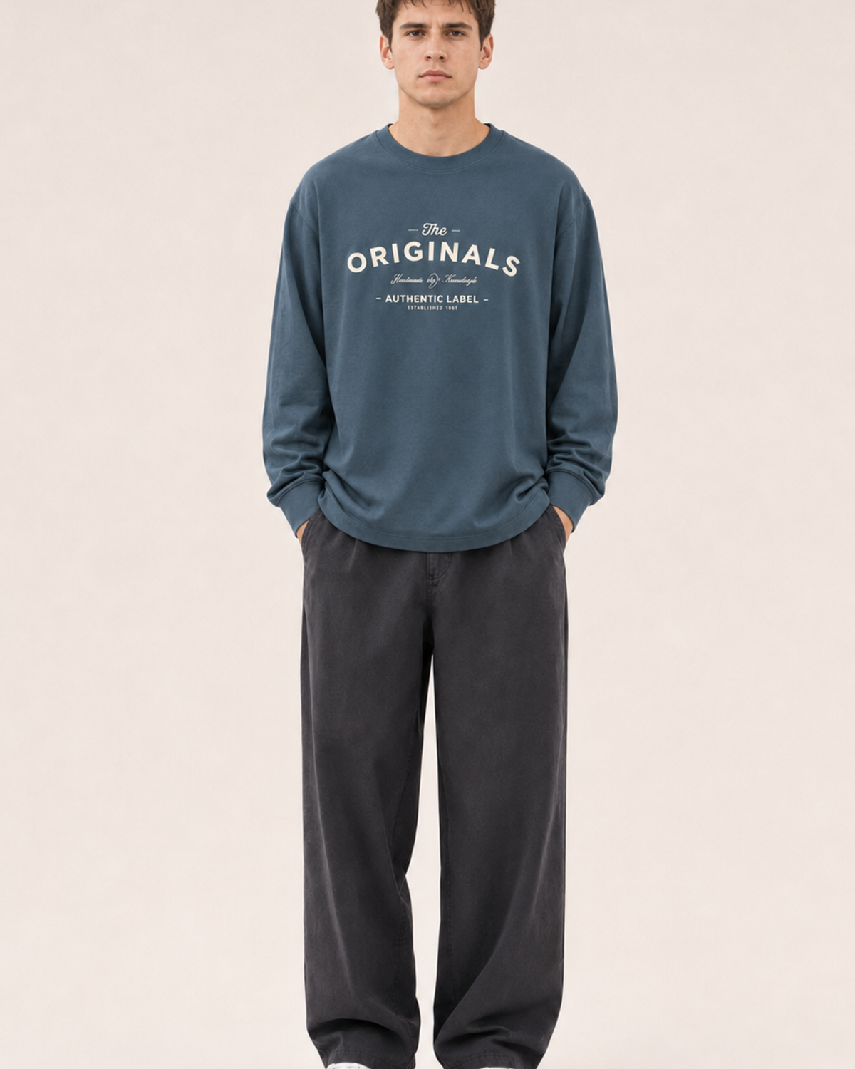 Men's Blue Printed Oversized Full Sleeve T-Shirt