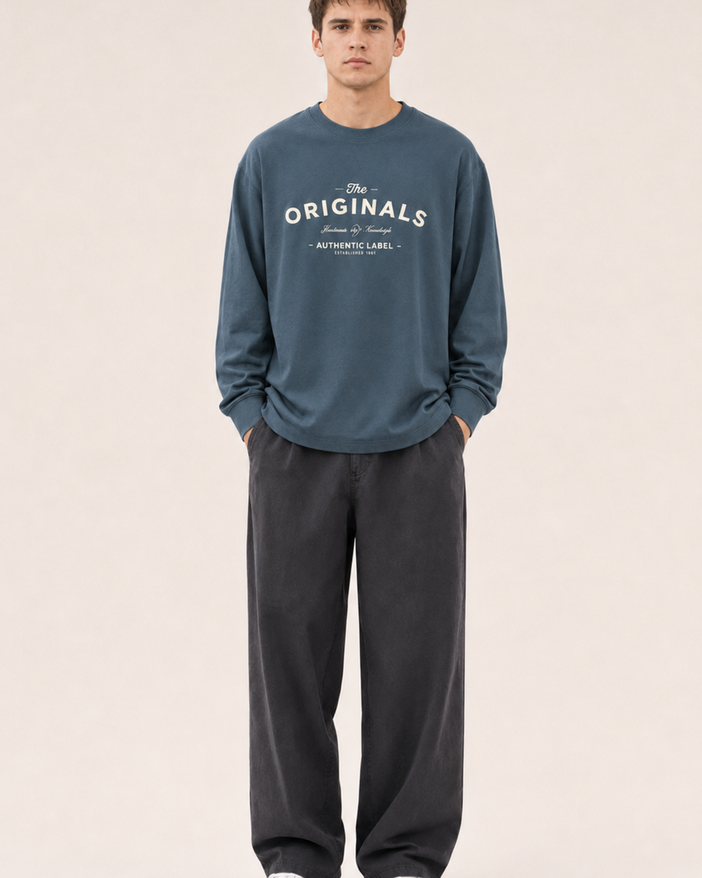 Men's Blue Printed Oversized Full Sleeve T-Shirt