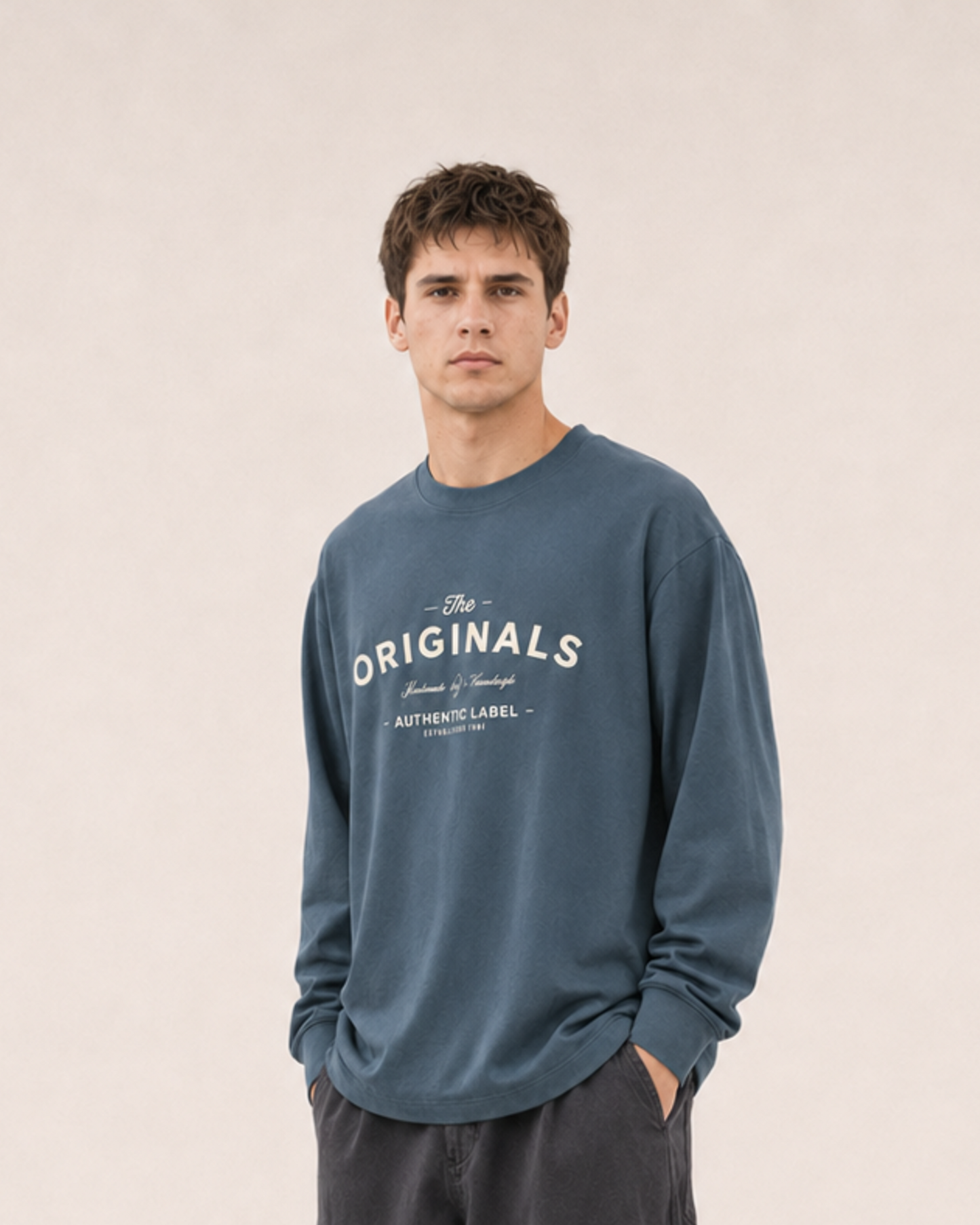 Men's Blue Printed Oversized Full Sleeve T-Shirt