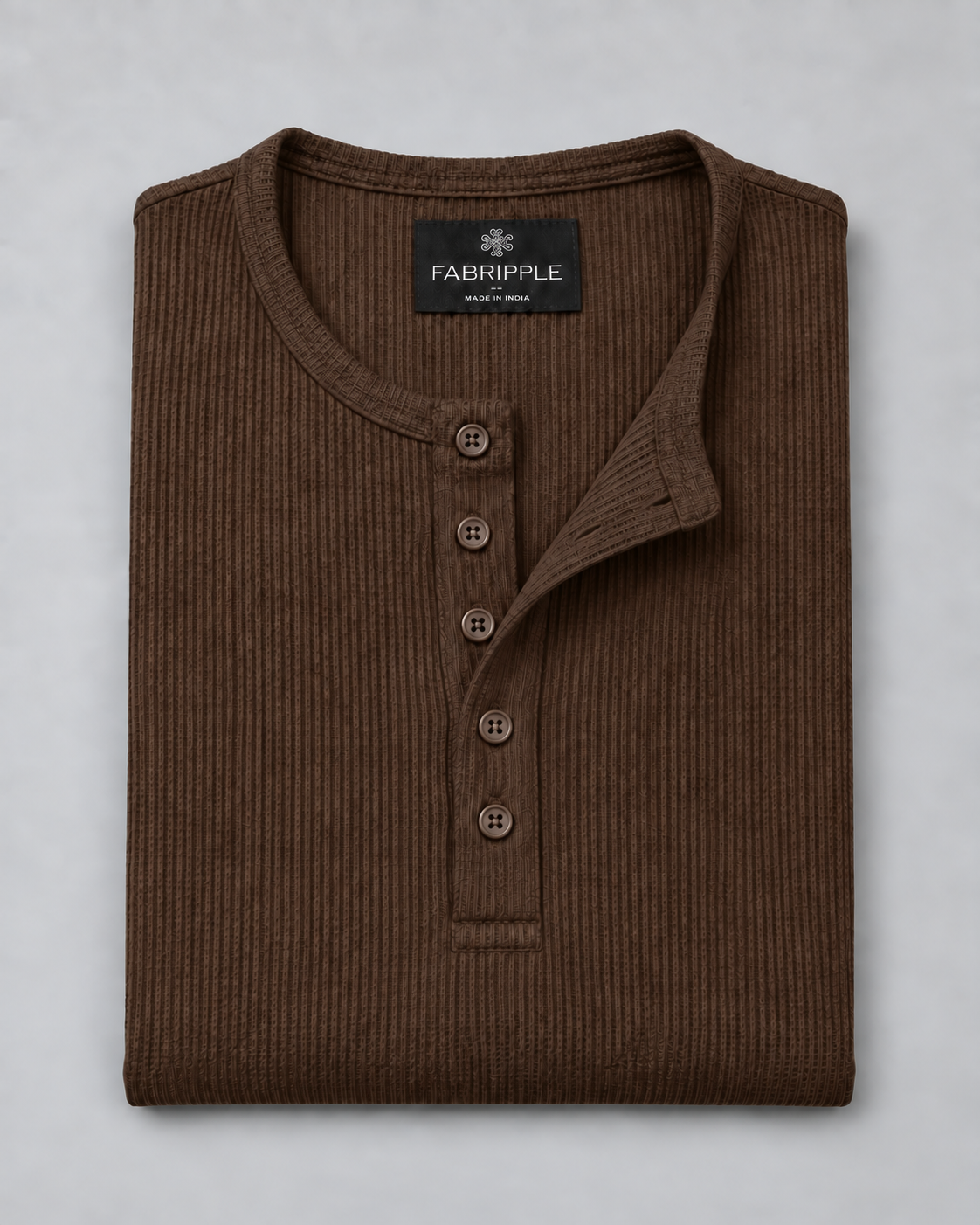 Men’s Textured Henley Full Sleeve Brown T-Shirt
