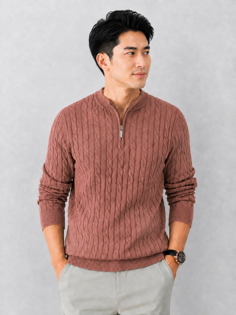 Men’s Brown Cable Knit Half Zip Sweater