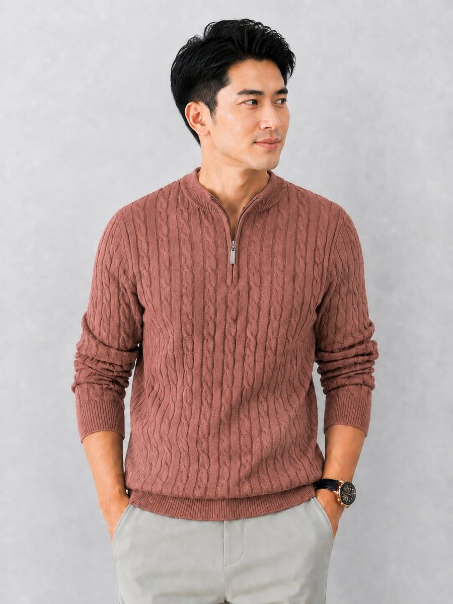 Men’s Brown Cable Knit Half Zip Sweater