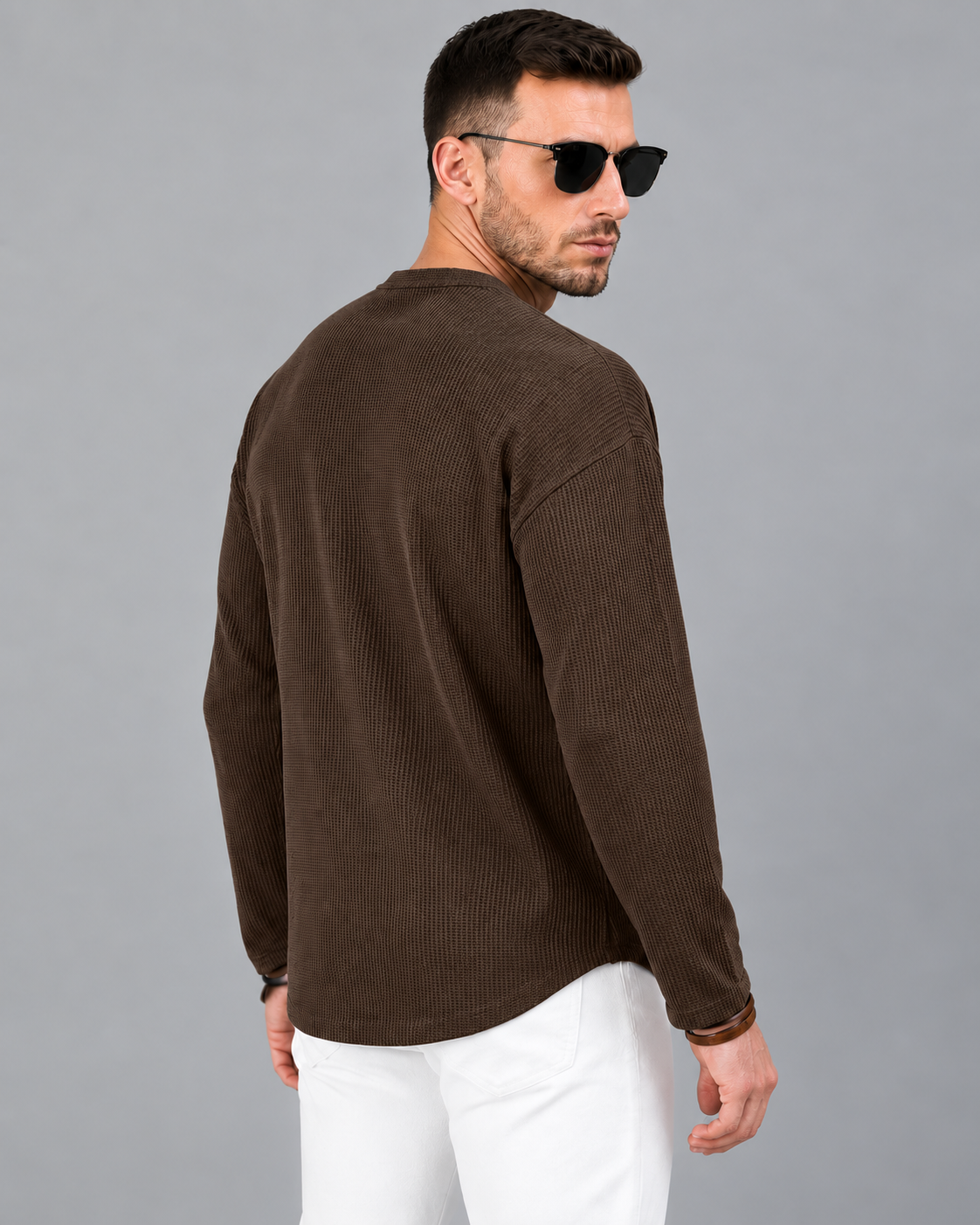 Men’s Textured Henley Full Sleeve Brown T-Shirt