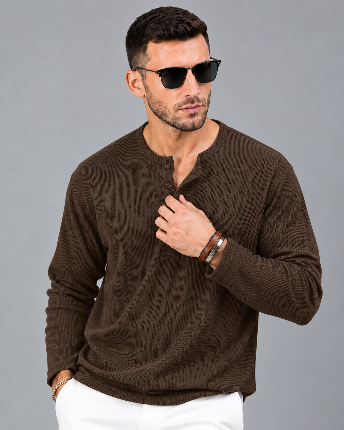 Men’s Textured Henley Full Sleeve Brown T-Shirt