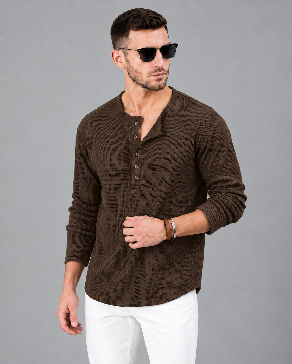 Men’s Textured Henley Full Sleeve Brown T-Shirt