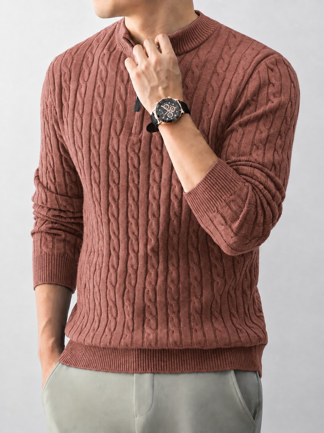 Men’s Brown Cable Knit Half Zip Sweater