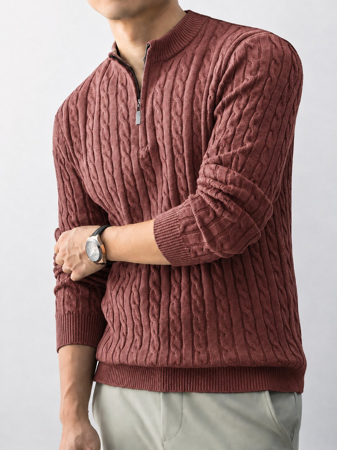 Men’s Brown Cable Knit Half Zip Sweater