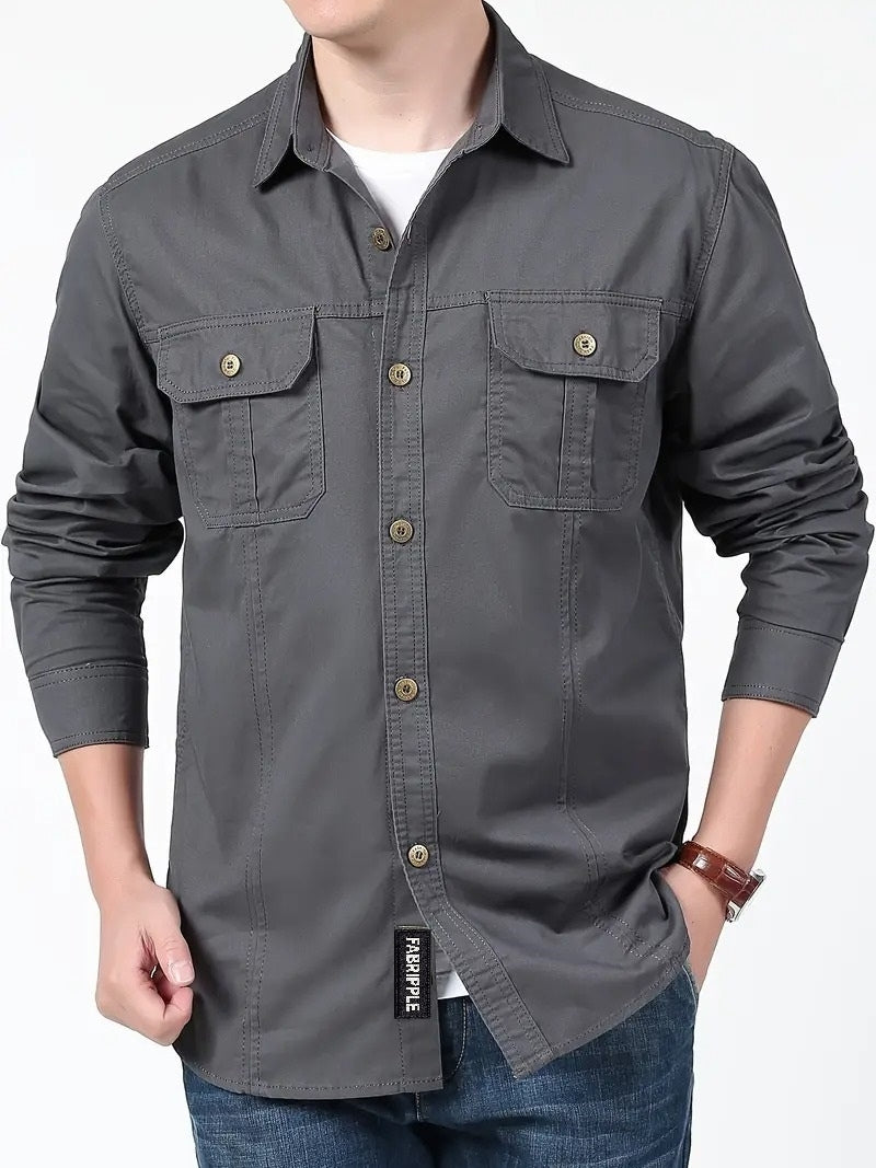 Men’s Cargo Jacket Shirt | 100% Cotton | 2 Pocket Utility Overshirt | Casual & Outdoor Wear | Breathable & Lightweight Fabric