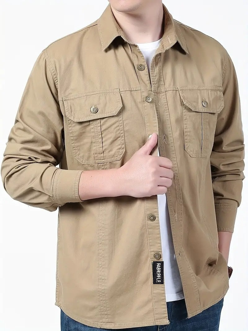 Men’s Cargo Jacket Shirt | 100% Cotton | 2 Pocket Utility Overshirt | Casual & Outdoor Wear | Breathable & Lightweight Fabric