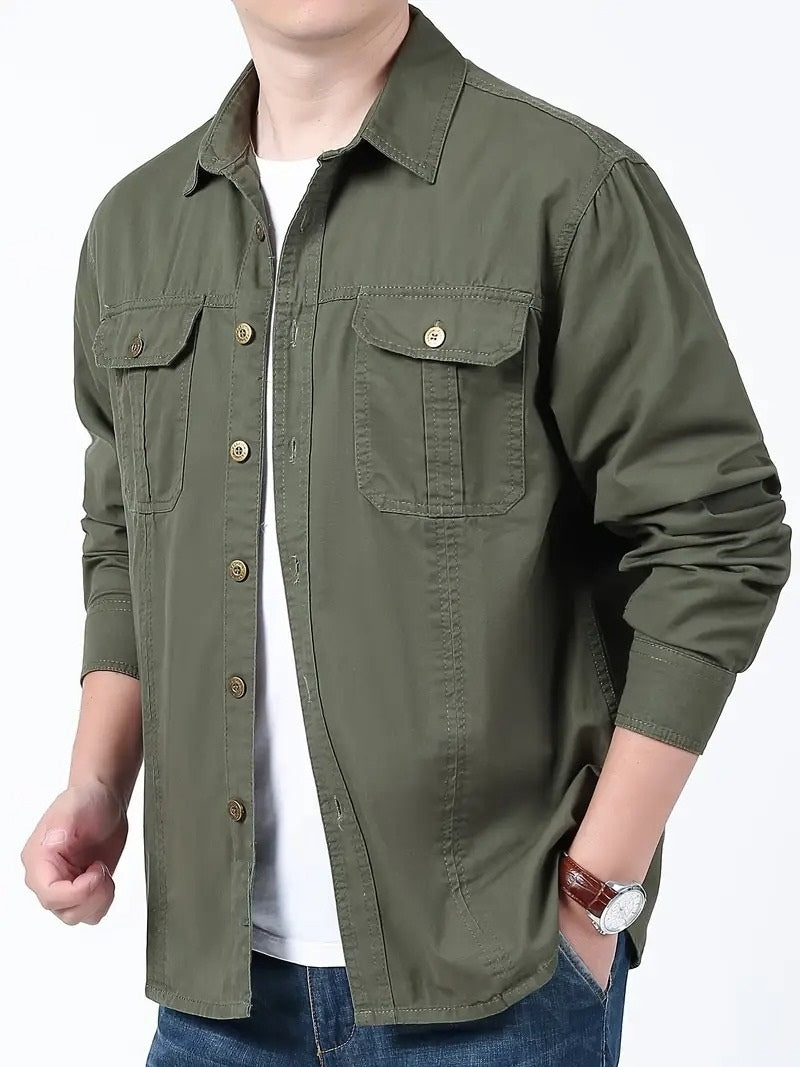 Men’s Cargo Jacket Shirt | 100% Cotton | 2 Pocket Utility Overshirt | Casual & Outdoor Wear | Breathable & Lightweight Fabric