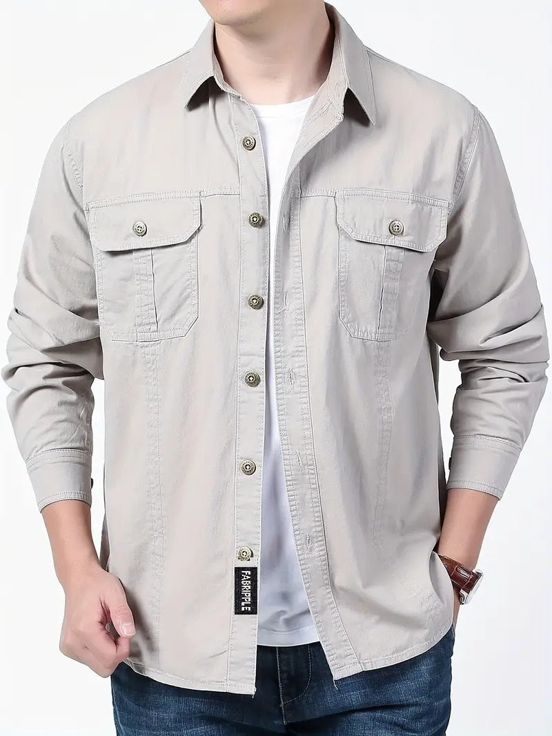 Men’s Cargo Jacket Shirt | 100% Cotton | 2 Pocket Utility Overshirt | Casual & Outdoor Wear | Breathable & Lightweight Fabric