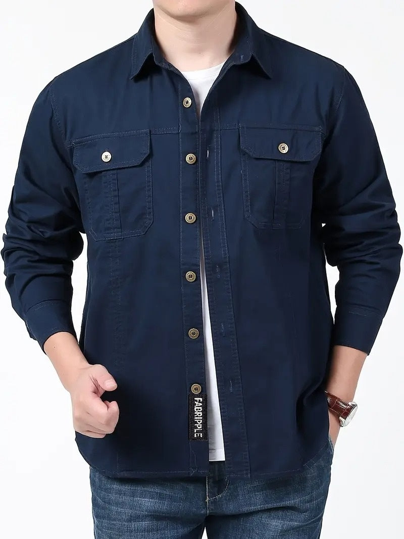 Men’s Cargo Jacket Shirt | 100% Cotton | 2 Pocket Utility Overshirt | Casual & Outdoor Wear | Breathable & Lightweight Fabric