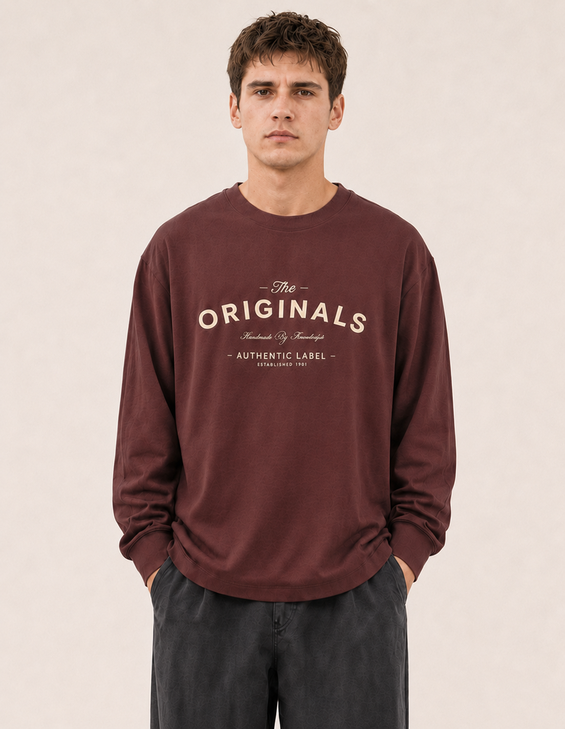 Men's Khaki Printed Oversized Full Sleeve T-Shirt